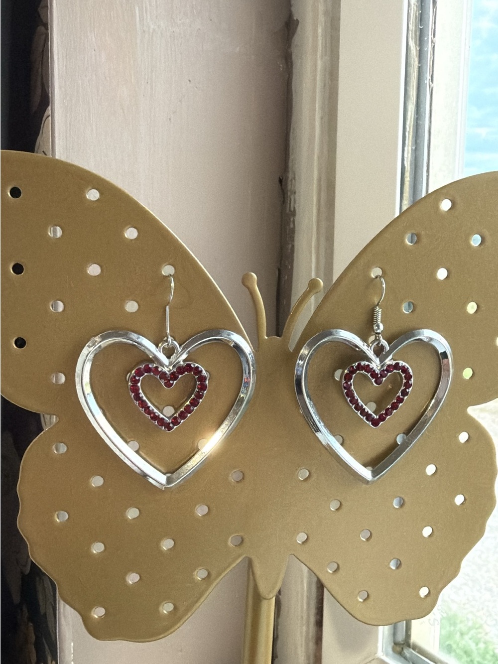 Silver Heart Drop Earrings with Red Crystal Hearts